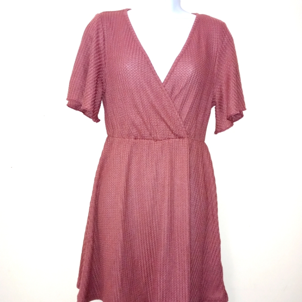 FIT AND FLARE DRESS V-NECK SHORT SLEEVES BARELY SHEER ELASTIC WAIST BROWN SMALL